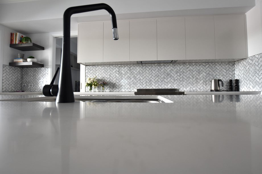 #49 - Kitchens: Large and stylish kitchen with herringbone splash back by Marianne