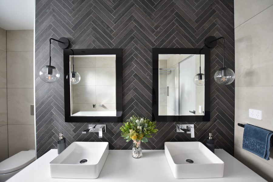 #57 - Bathrooms: Greige and charcoal with a gorgeous herringbone feature by Cindy
