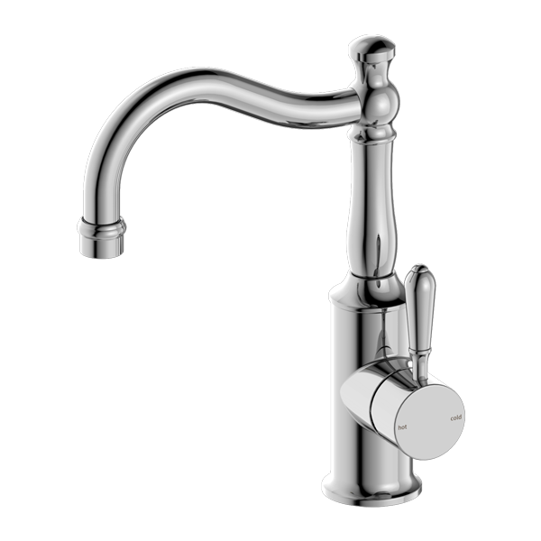 Nero York Basin Mixer Hook Spout With Metal Lever | Chrome |
