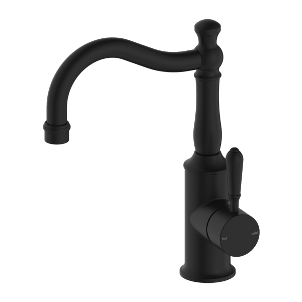 Nero York Basin Mixer Hook Spout With Metal Lever | Matte Black |