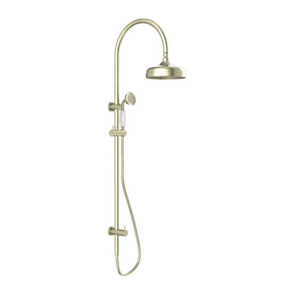 Nero York Twin Shower With White Porcelain Hand Shower | Aged Brass |