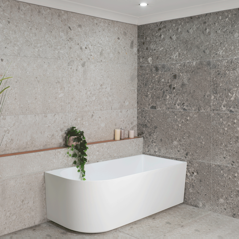 Arco 1600mm right corner bathtub in gloss white, angled side view