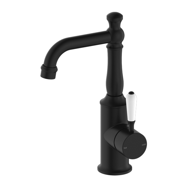 Nero York Basin Mixer With White Porcelain Lever | Matte Black |
