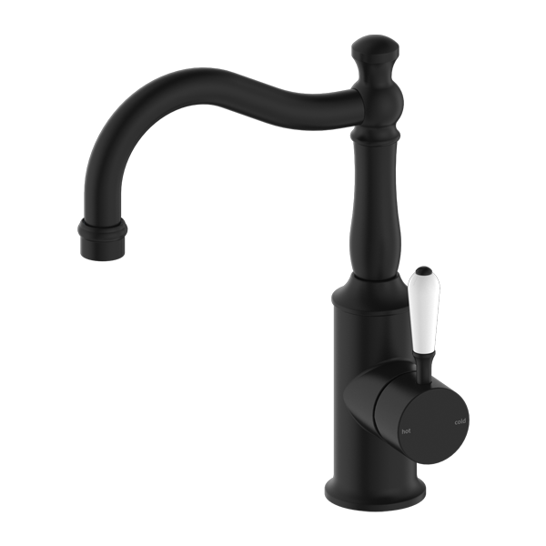 Nero York Basin Mixer Hook Spout With White Porcelain Lever | Matte Black |
