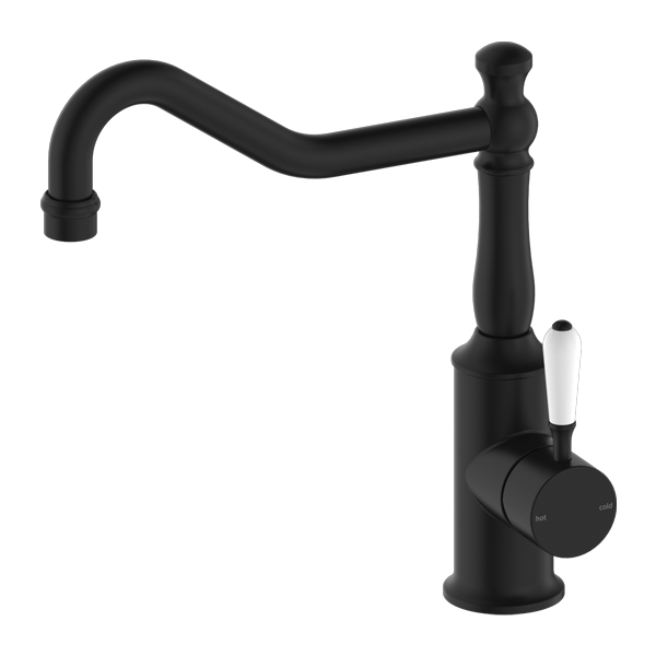 Nero York Kitchen Mixer Hook Spout With White Porcelain Lever | Matte Black |