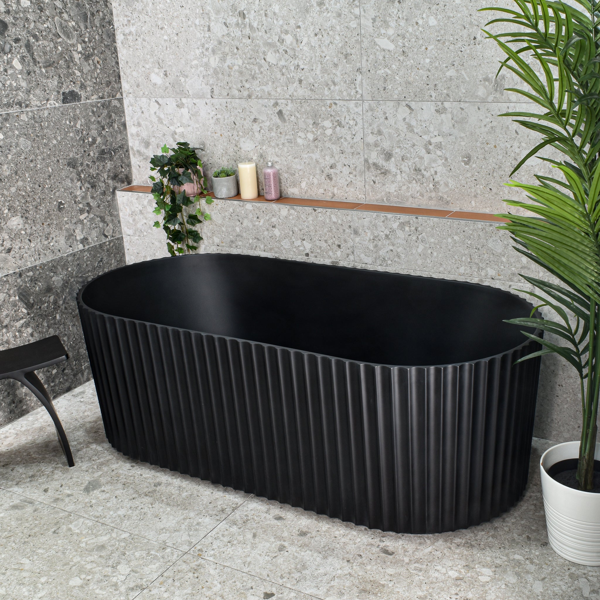 Agora Groove 1500mm off the wall bathtub in matte black, top down view
