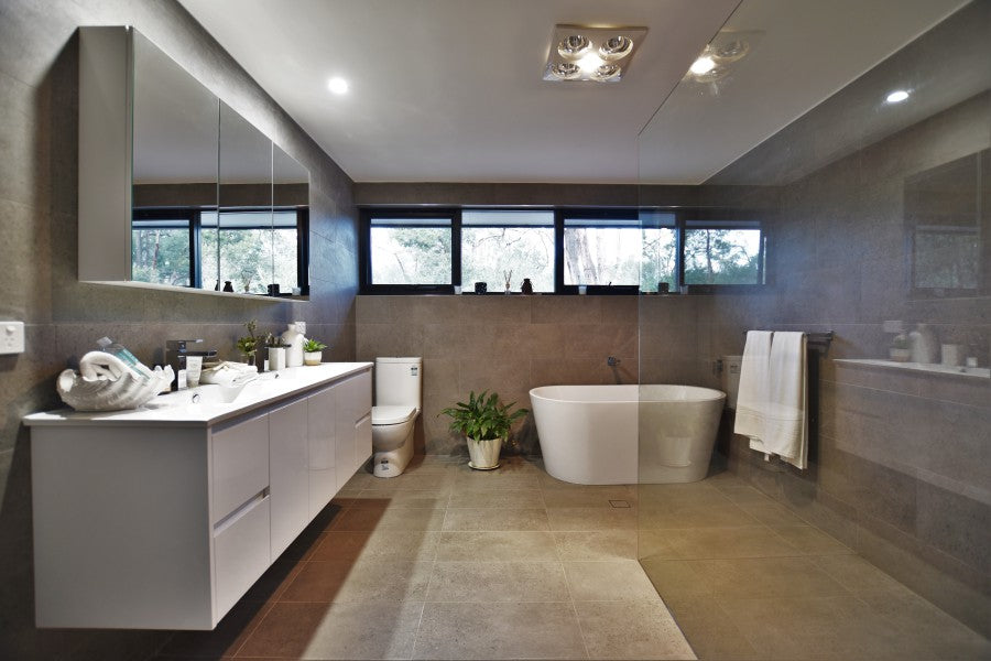#39 - Bathrooms: Warm concrete colour throughout this Castlereagh home