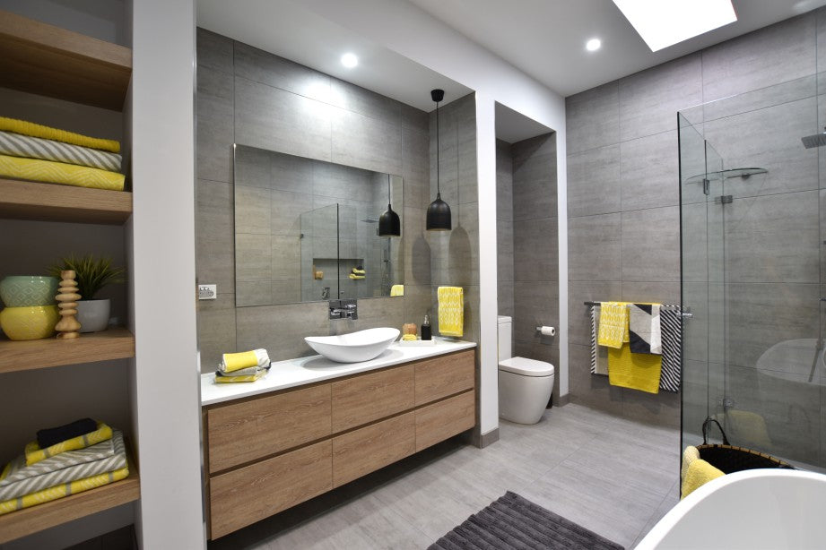 #50 - Bathrooms: Marianne's gorgeous all silver-gray with timber accents