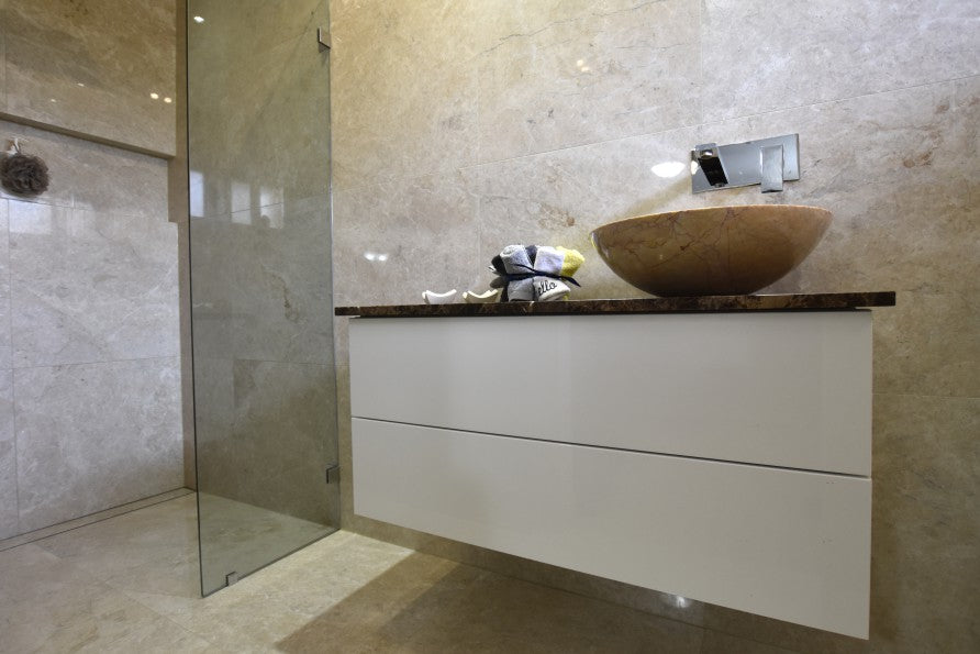 #54 - Bathrooms: Travertine making a small space look elegant, by Steve