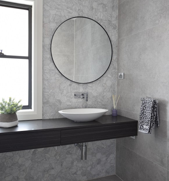 #68 - Bathrooms: All grey with darker accents and hex mosaic features by Linda