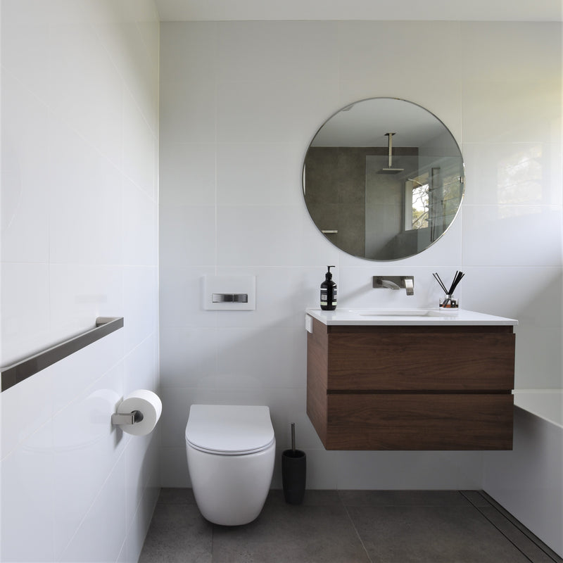 #82 - Bathrooms: Concrete grey with timber coloured vanity and all-white walls by Jenny