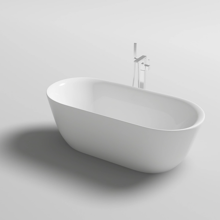 Off the wall freestanding bathtub in matte white with smooth oval shape and minimalist floor-mounted bath mixer