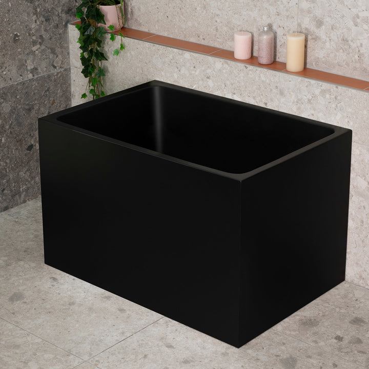 Cubix Multifit Extra Height Japanese Soaking Bathtub in matte black with deep rectangular design and minimalist modern styling.