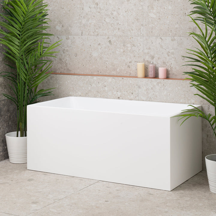 Multifit freestanding bathtub in matte white designed for flexible placement as off the wall, back to wall, or corner bath
