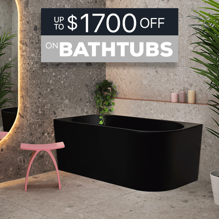 Black freestanding bathtub with “Up to $1700 Off on Bathtubs” sale banner.