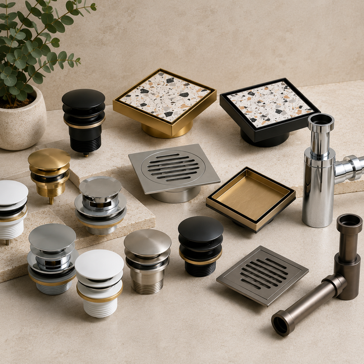 Bathroom drains, floor wastes, pop-up wastes and bottle traps in chrome, black, brass and brushed finishes