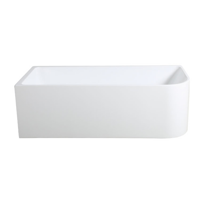 Rectangular white acrylic bathtub with a curved corner design.