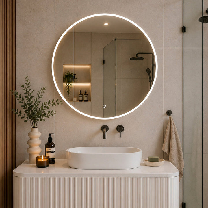 Enflair Circa Round frontlit LED mirror cabinet with illuminated border above a white vessel basin and fluted vanity in a modern bathroom.