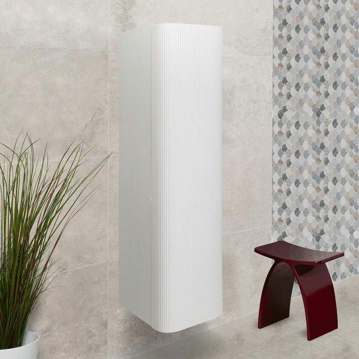 Clearance tall boy bathroom cabinet with vertical storage in modern bathroom setting