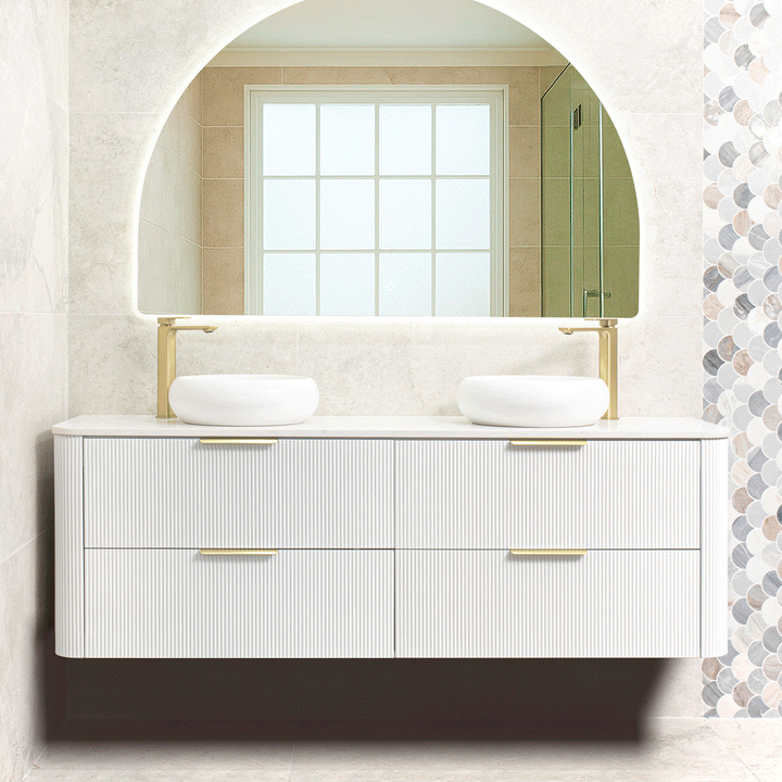Clearance wall-hung bathroom vanity with double basin in modern bathroom setting