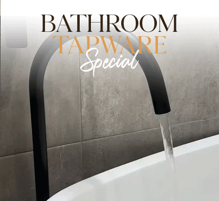 Black bathroom tap pouring water into a bath with a banner reading “Bathroom Tapware Special.”