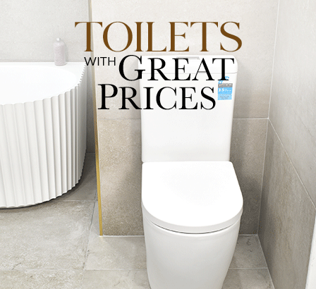 Black back-to-wall toilet in a modern bathroom, shown with a Toilets With Great Prices sale banner.