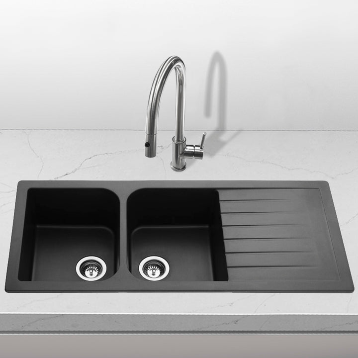 Clearance double bowl kitchen sink with drainer and modern tapware