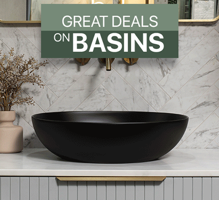 Marble-look countertop basin with gold drain and a banner reading “Great Deals on Basins.”