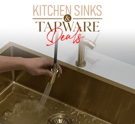 Hands washing in a black kitchen sink with a modern mixer tap, shown with a Kitchen Sinks and Tapware Deals banner.