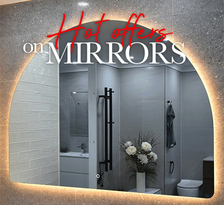 LED arch bathroom mirror with warm lighting and a banner reading “Hot Offers on Mirrors.”