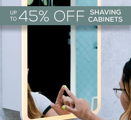 White mirrored shaving cabinet with open storage and a banner reading “Up to 45% Off Shaving Cabinets.”