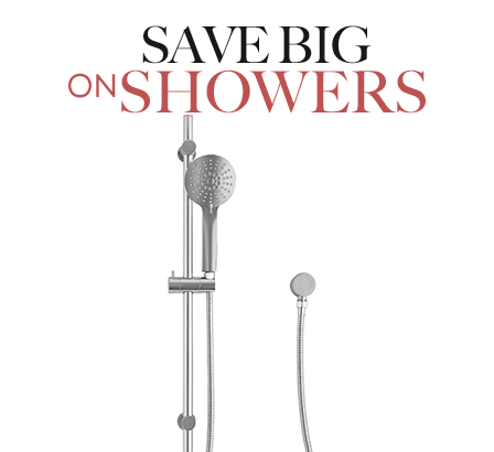 Brushed bass gold twin shower system with a rain head and hand shower, shown with a Save Big on Showers sale banner.
