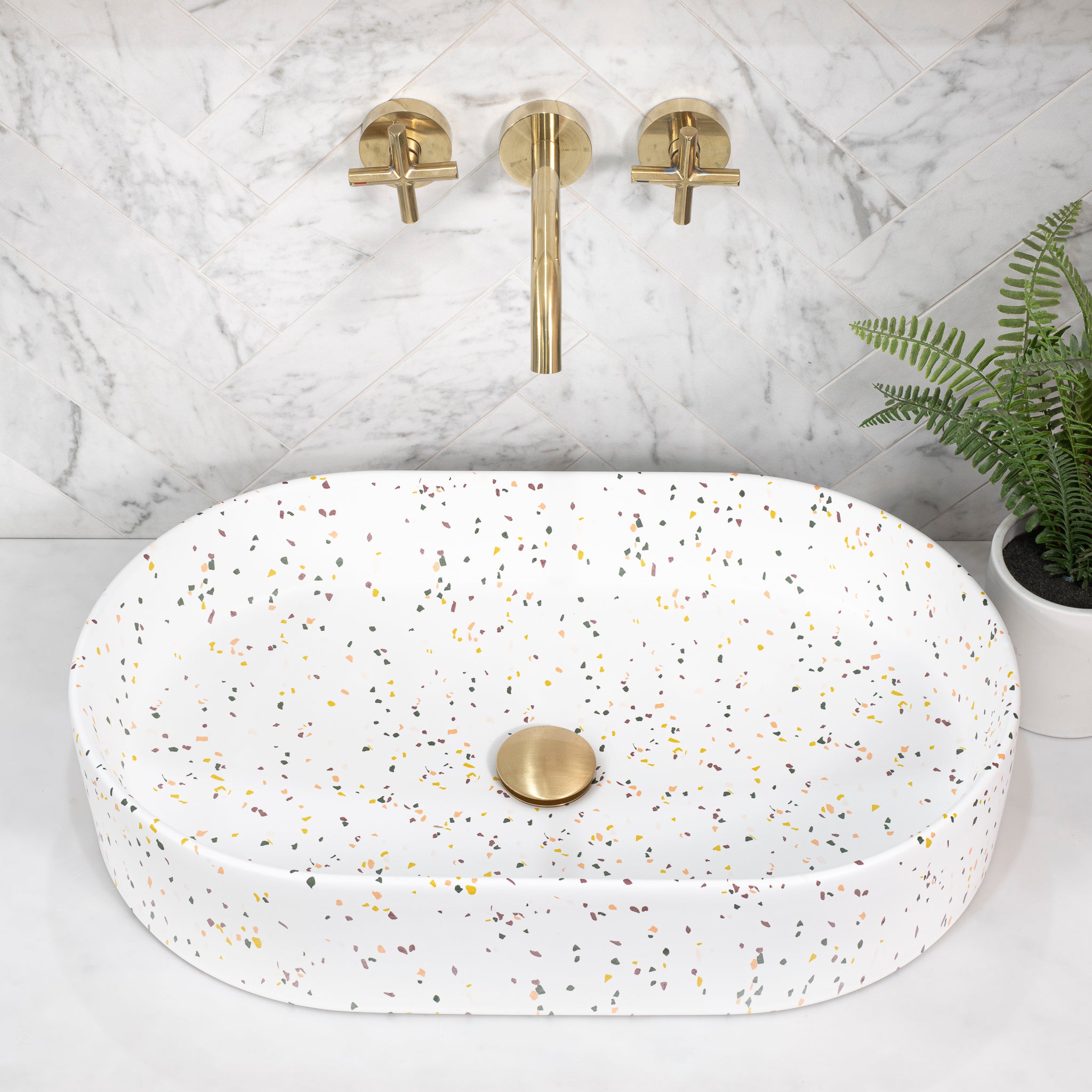 Pill Oval 600mm x 380mm Above-Counter Basin, Matte Terrazzo Speckle