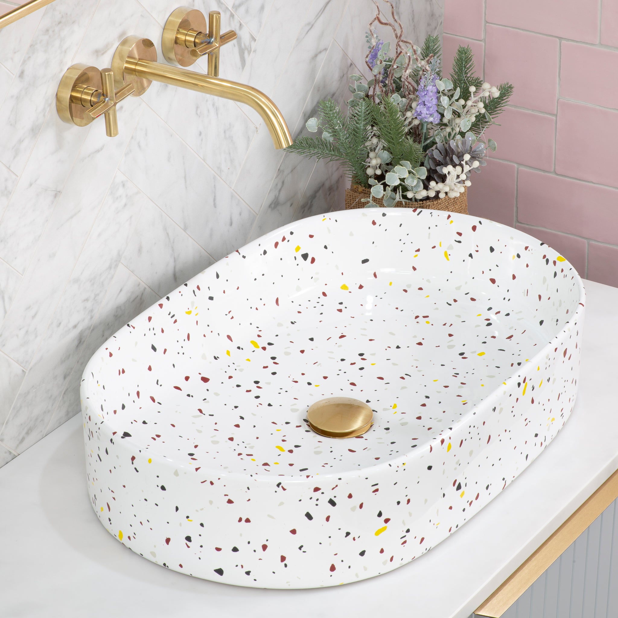 Pill Oval 600mm x 380mm Above-Counter Basin, Matte Terrazzo Chunk