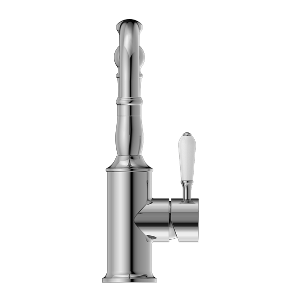Nero York Basin Mixer Hook Spout With White Porcelain Lever  | Chrome |