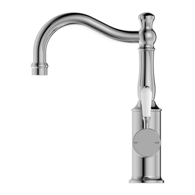 Nero York Basin Mixer Hook Spout With White Porcelain Lever | Chrome |