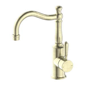 Nero York Basin Mixer Hook Spout With Metal Lever, Aged Brass