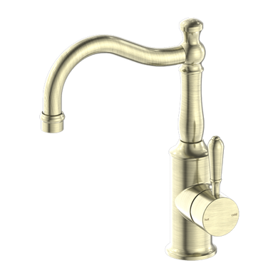 Nero York Basin Mixer Hook Spout With Metal Lever | Aged Brass |