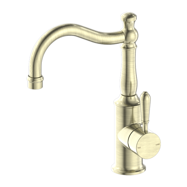 Nero York Basin Mixer Hook Spout With Metal Lever | Aged Brass |