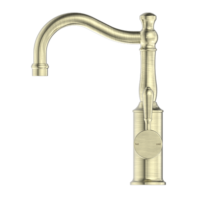 Nero York Basin Mixer Hook Spout With Metal Lever | Aged Brass |