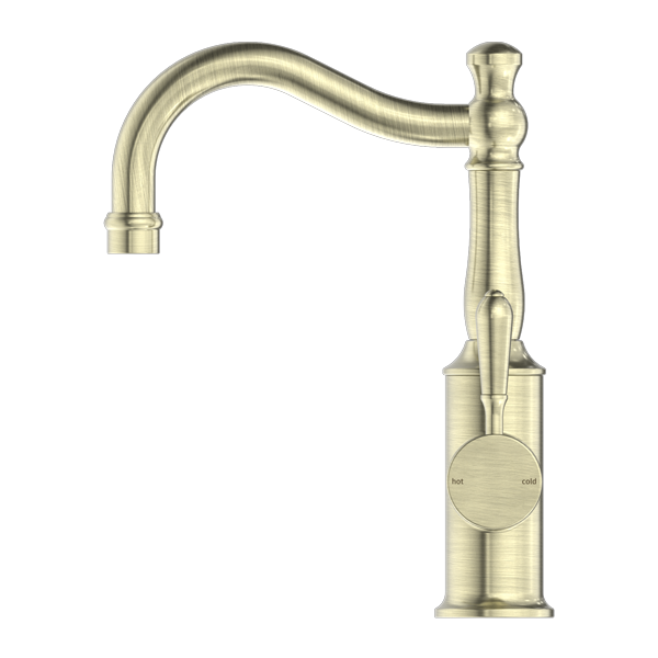 Nero York Basin Mixer Hook Spout With Metal Lever | Aged Brass |