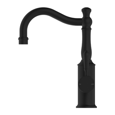 Nero York Basin Mixer Hook Spout With Metal Lever | Matte Black |