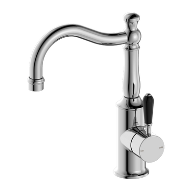 Nero York Basin Mixer Hook Spout With Black Porcelain Lever | Chrome |