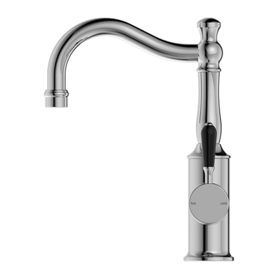 Nero York Basin Mixer Hook Spout With Black Porcelain Lever | Chrome |
