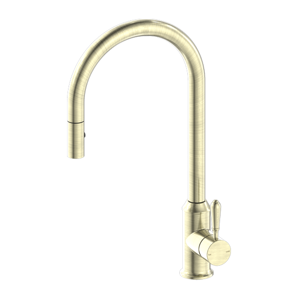 Nero York Pull Out Sink Mixer With Vegie Spray Function With Metal Lever | Aged Brass |