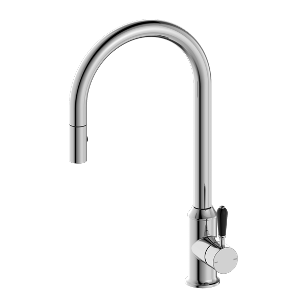 Nero York Pull Out Sink Mixer With Vegie Spray Function With Black Porcelain Lever  | Chrome |