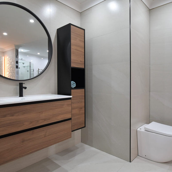 900mm Mirror with Black Frame in Bathroom with Sanfusion Sands Tile and Notaio Walnut Timber look with Black Cabinetry 2