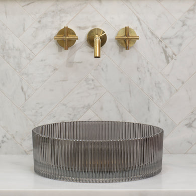Kahm Mediterranean Fluted 400mm Above-Counter Glass Basin, Smoked Glass