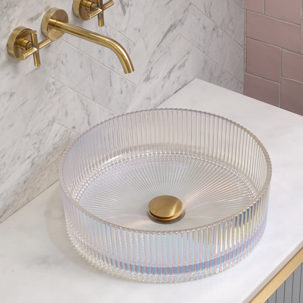 Kahm Mediterranean Fluted 400mm Above-Counter Glass Basin, Mermaid Glass