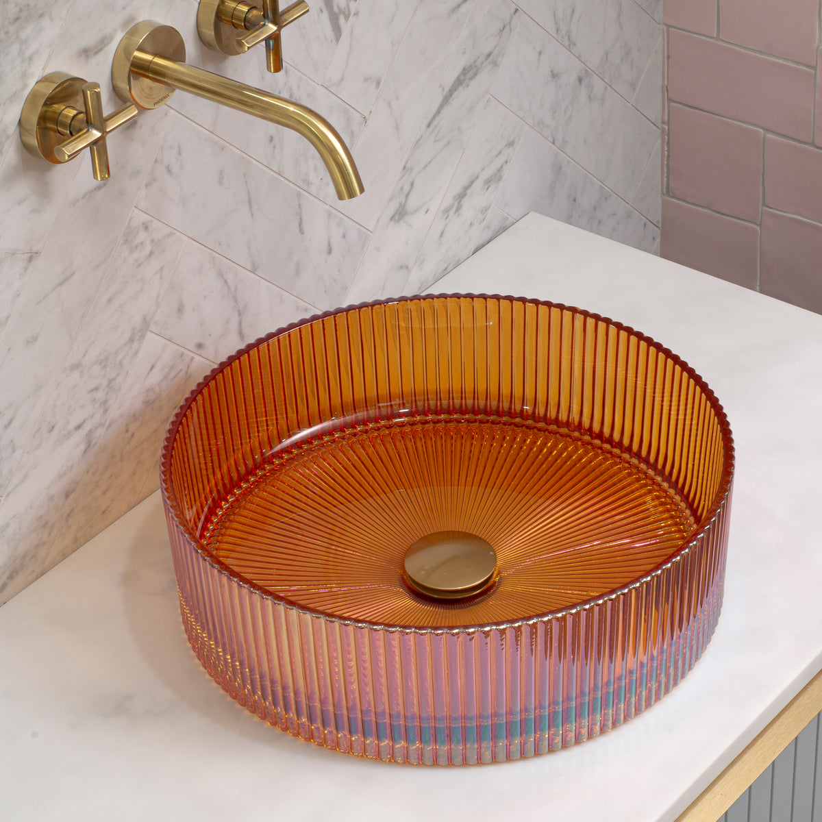 Kahm Mediterranean Fluted 400mm Above-Counter Glass Basin, Deep Red Glass
